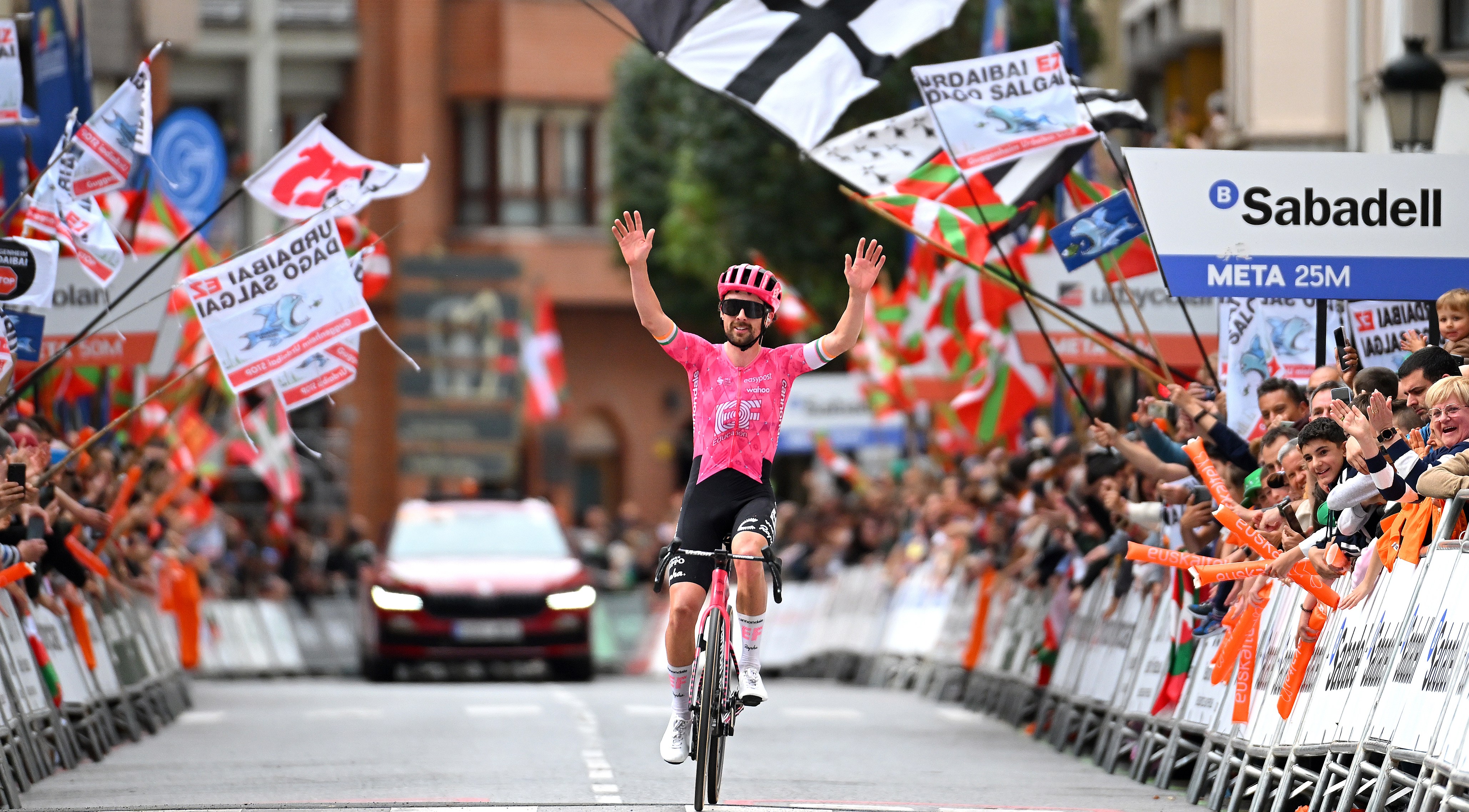 Ben Healy of Team EF Education-EasyPost celebrates winning stage 5 of the 64th Itzulia Basque Country cycling race.